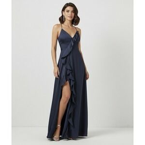 Lulus Womens Sleeveless V-Neck Ruffled Slit Satin‎ Navy Maxi Dress Gown Small